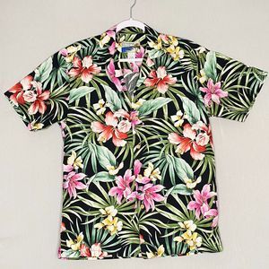 Waimea Casuals Mens Hawaiian Shirt Small Black Multi Floral Print Short Sleeves